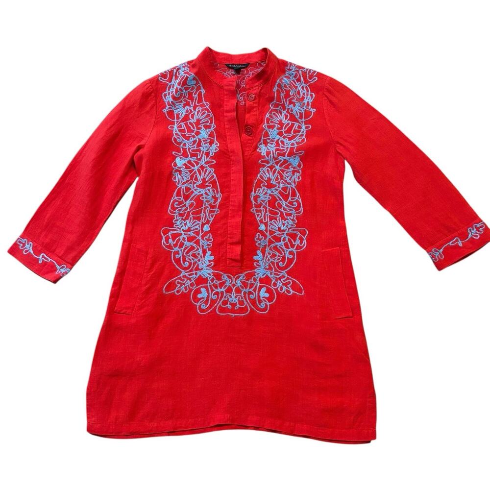 Brooks Brothers XS 2 Linen Tunic Blouse Red With Blue Embroidery Hidden Placket
